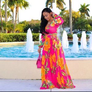Chiffon Long Dress V-Neck Print Elegant Sashes Dresses. Beautiful elegant